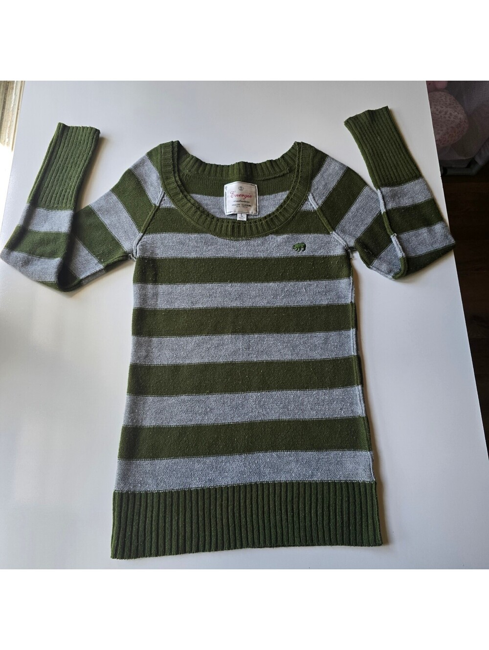 Vintage Y2K Energie Sweater Womens L Olive Green Gray Striped Scoop Neck Ribbed